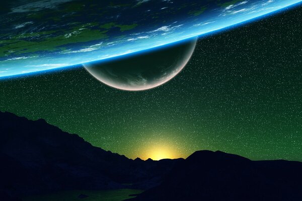 3d art of space. Earth and Moon on the sky background