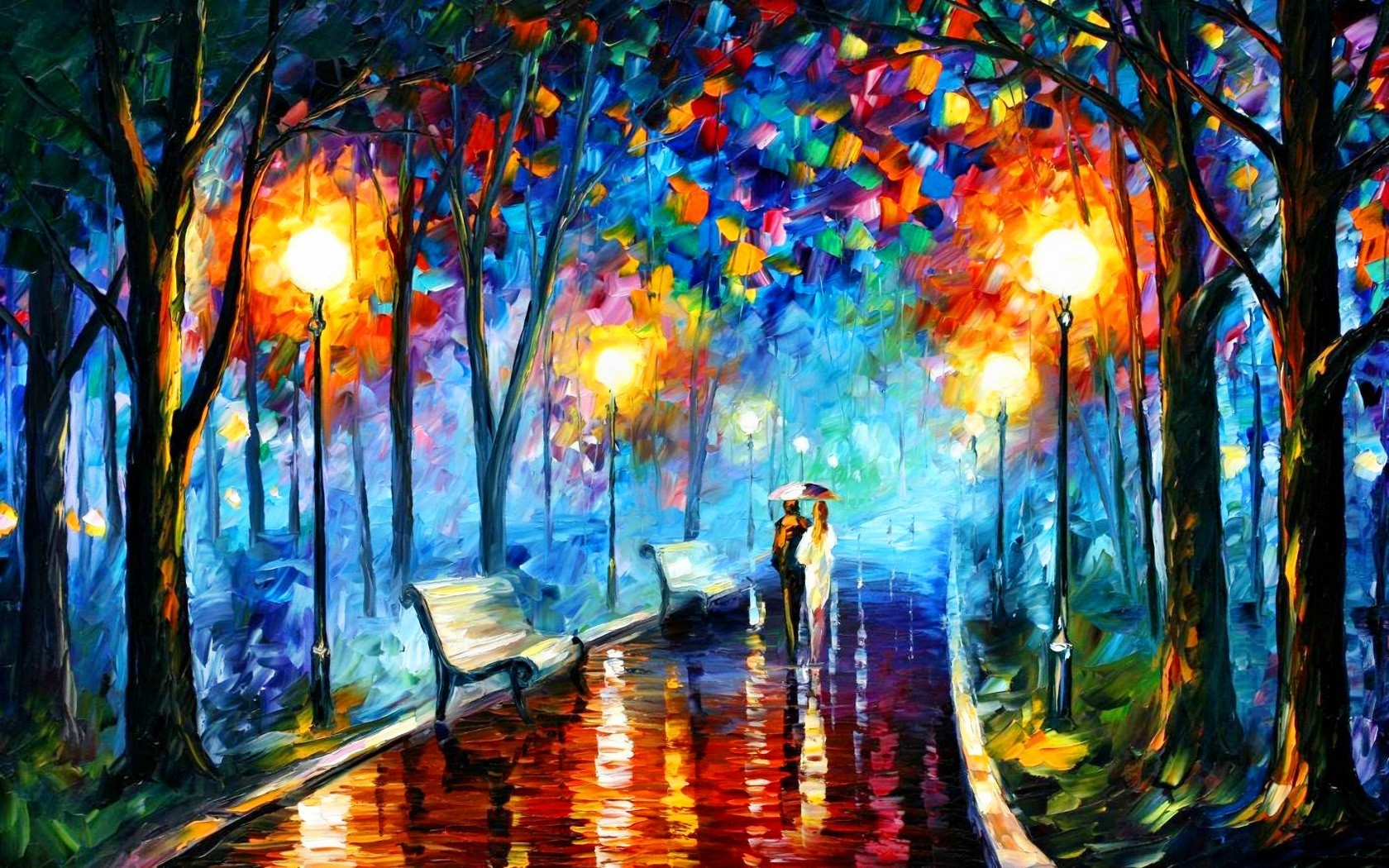 peinture huile parc couple parapluie