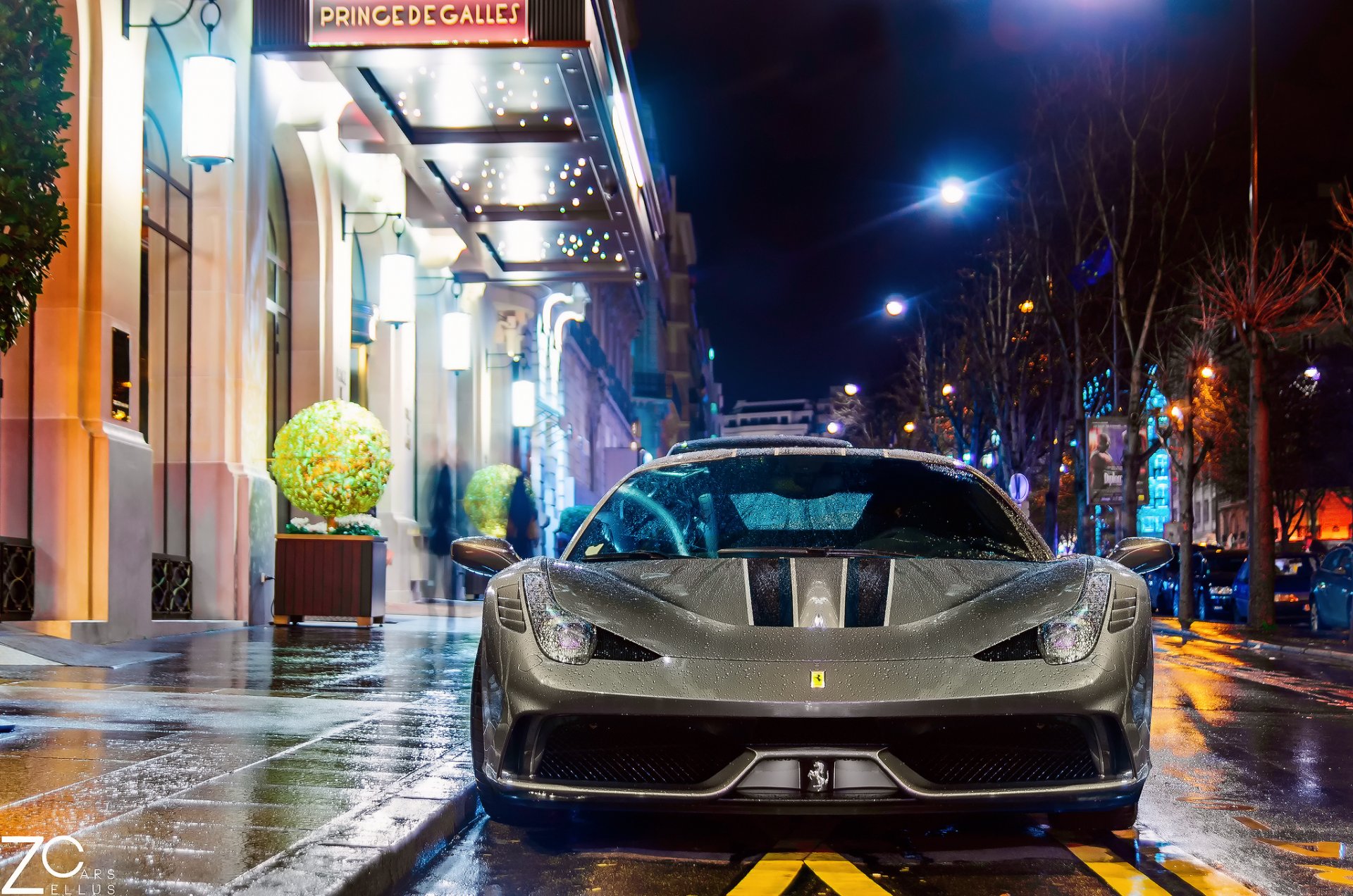 ferrari speciale parís francia ciudad noche calle luces coche después lluvia mojado mojado gotas luz