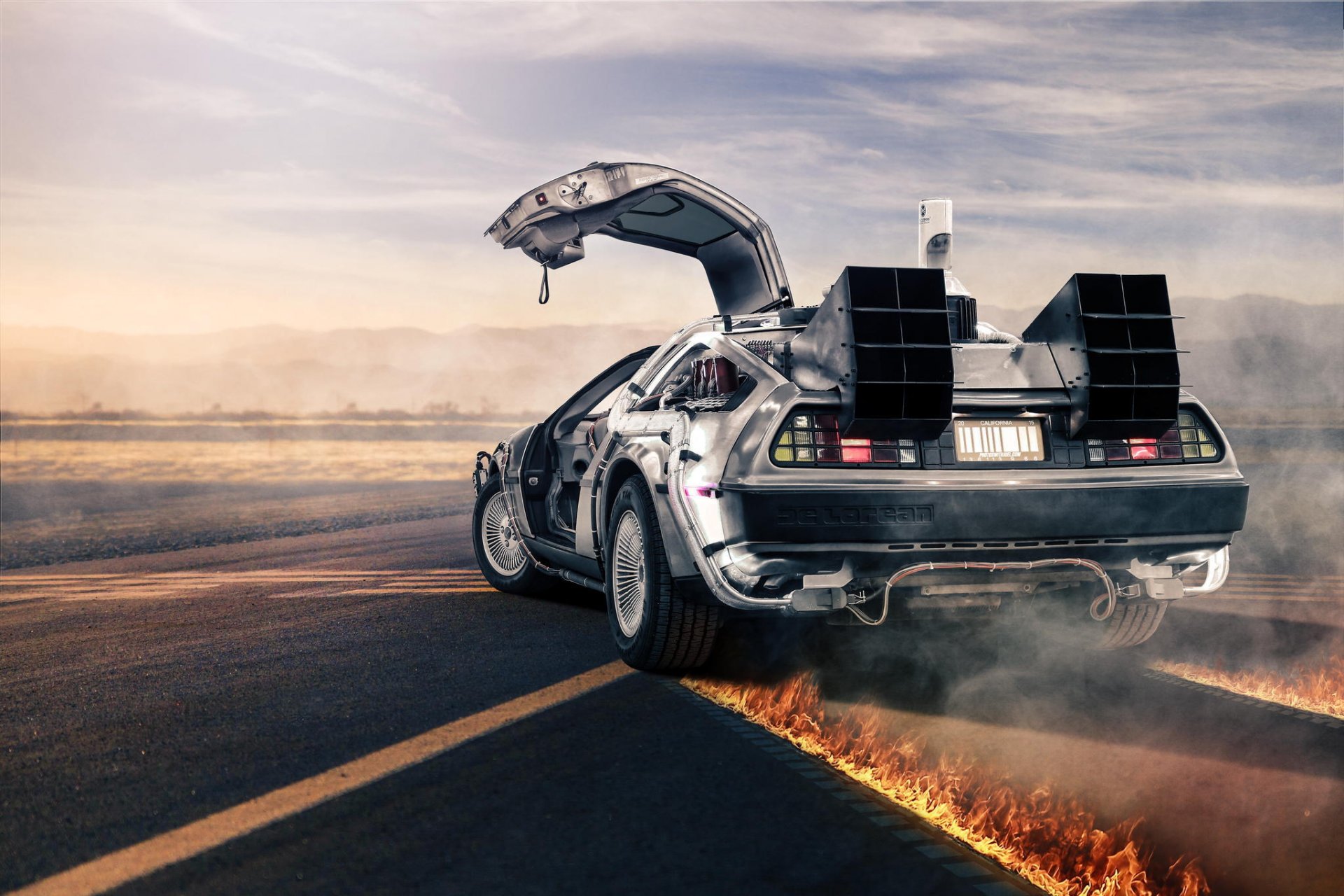 delorean dmc-12 plata trasero volver al futuro carretera fuego delorean plata llama