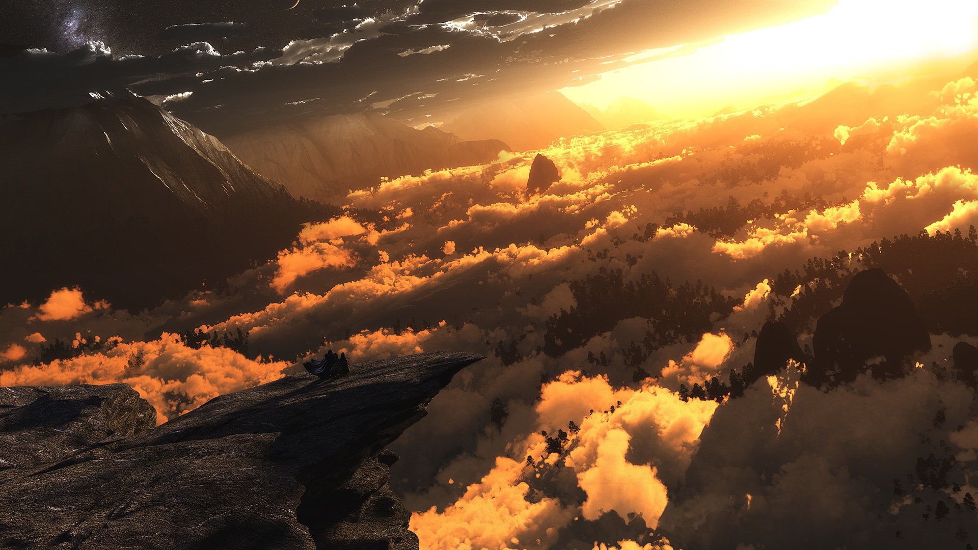 heliocentric mountains clouds light digital