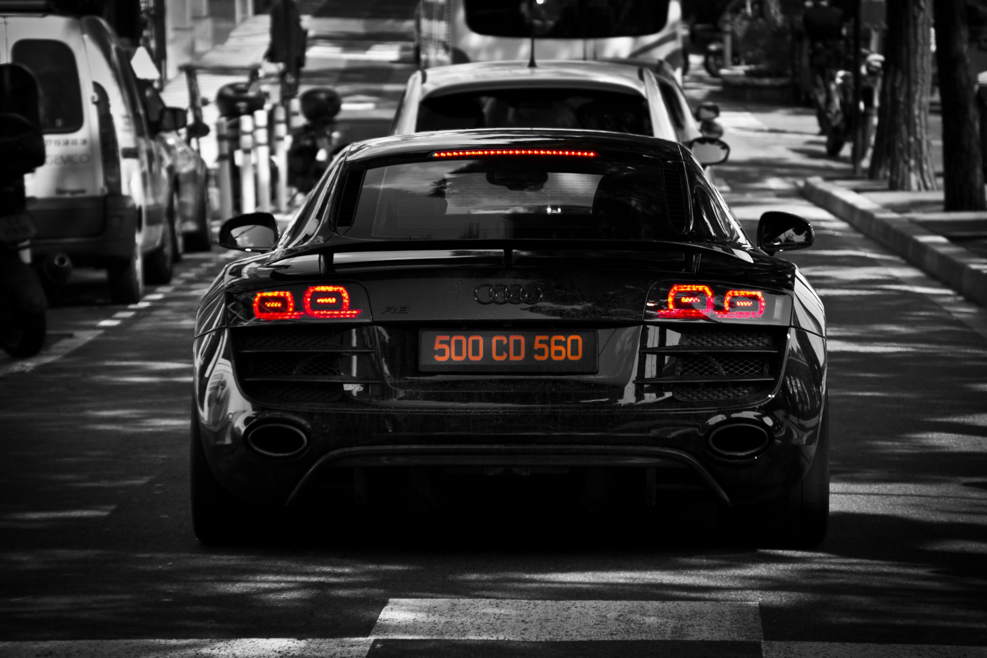 audi r8 negro atrás luz calle coches árbol audi r8 árboles coches