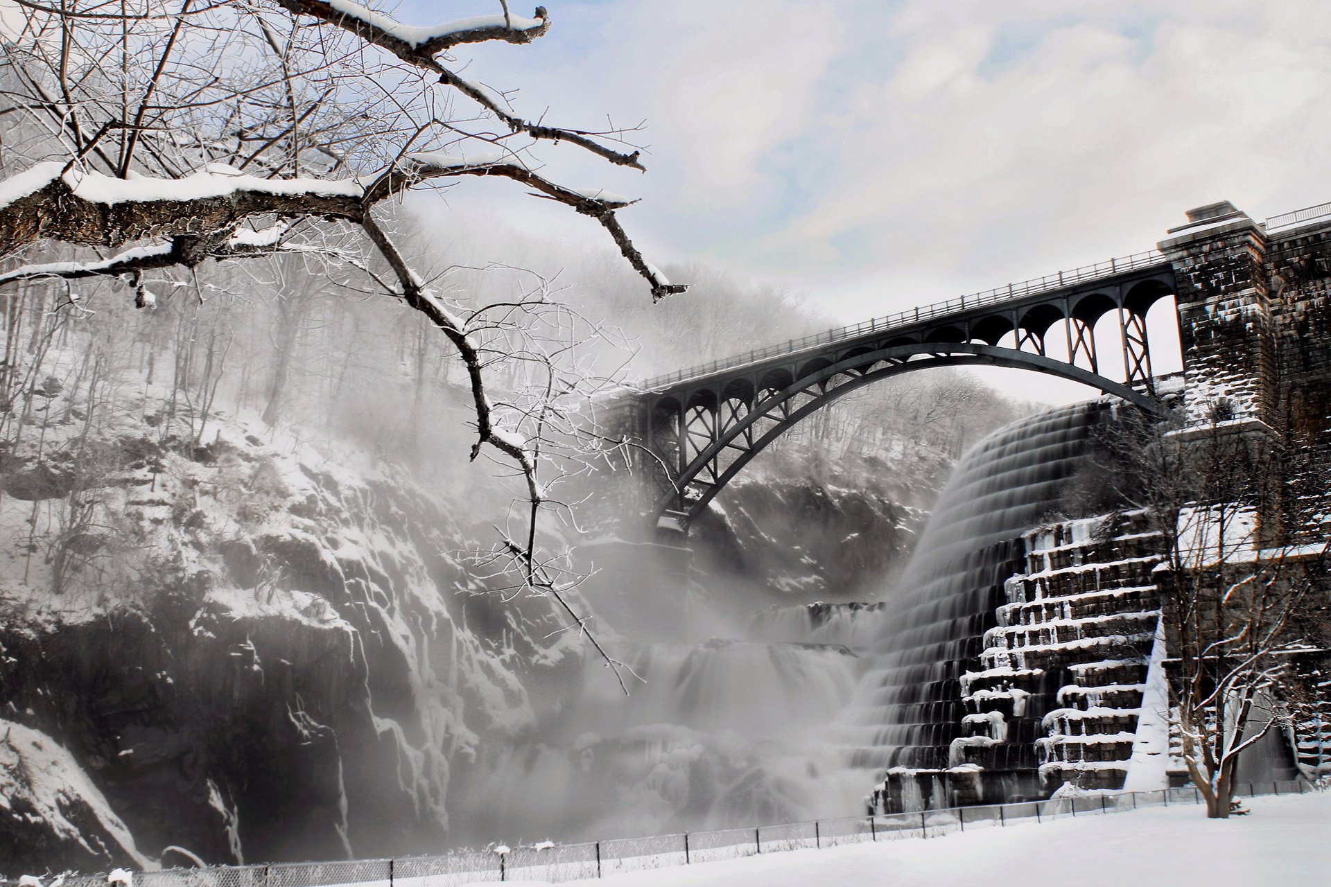 invierno río puente dique