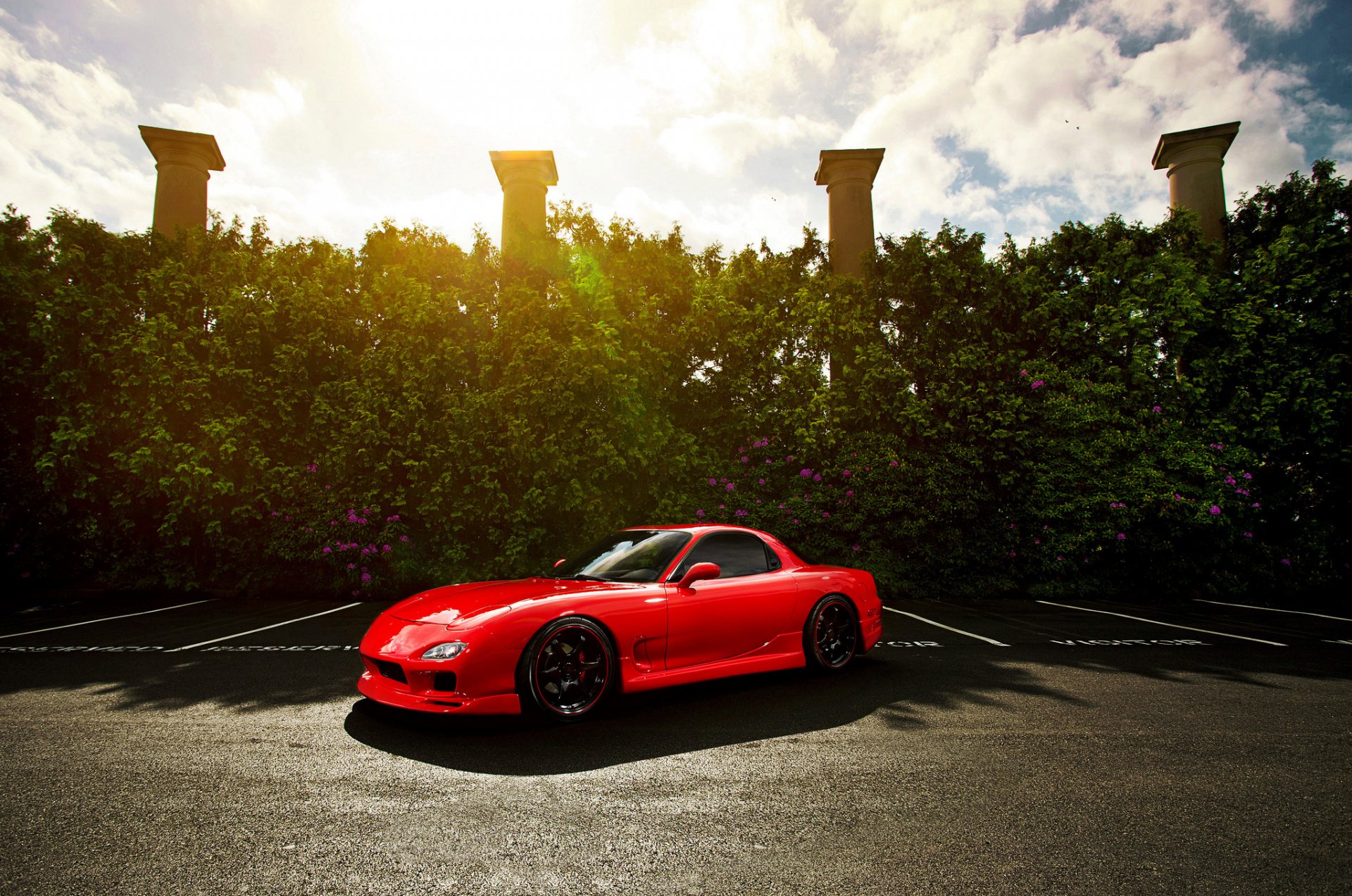 mazda rx-7 fo rosso anteriore mazda rosso colonne abbagliamento del sole