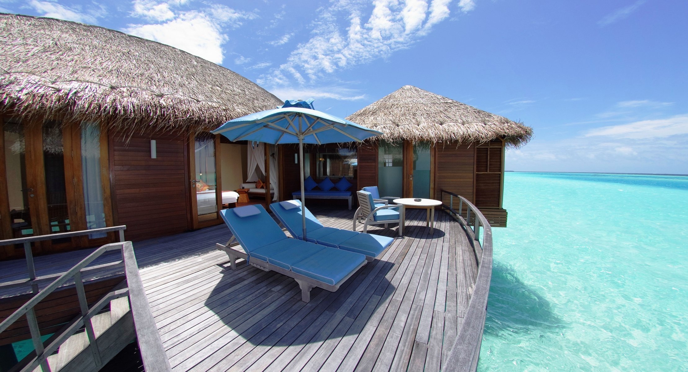 landscape summer sun beds deck chairs maldives house maldive