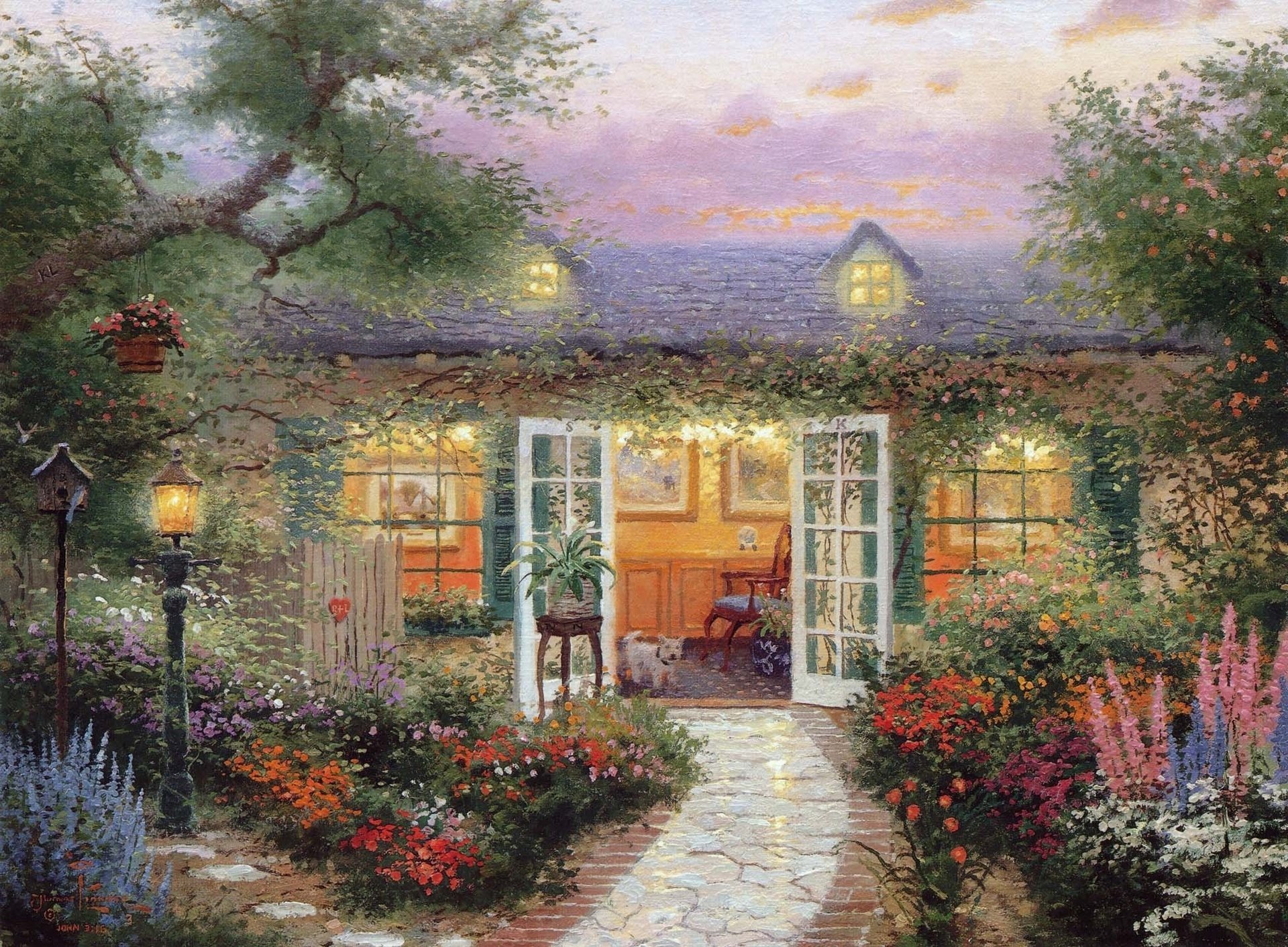 kincade été thomas kinkade chalet maison véranda chien