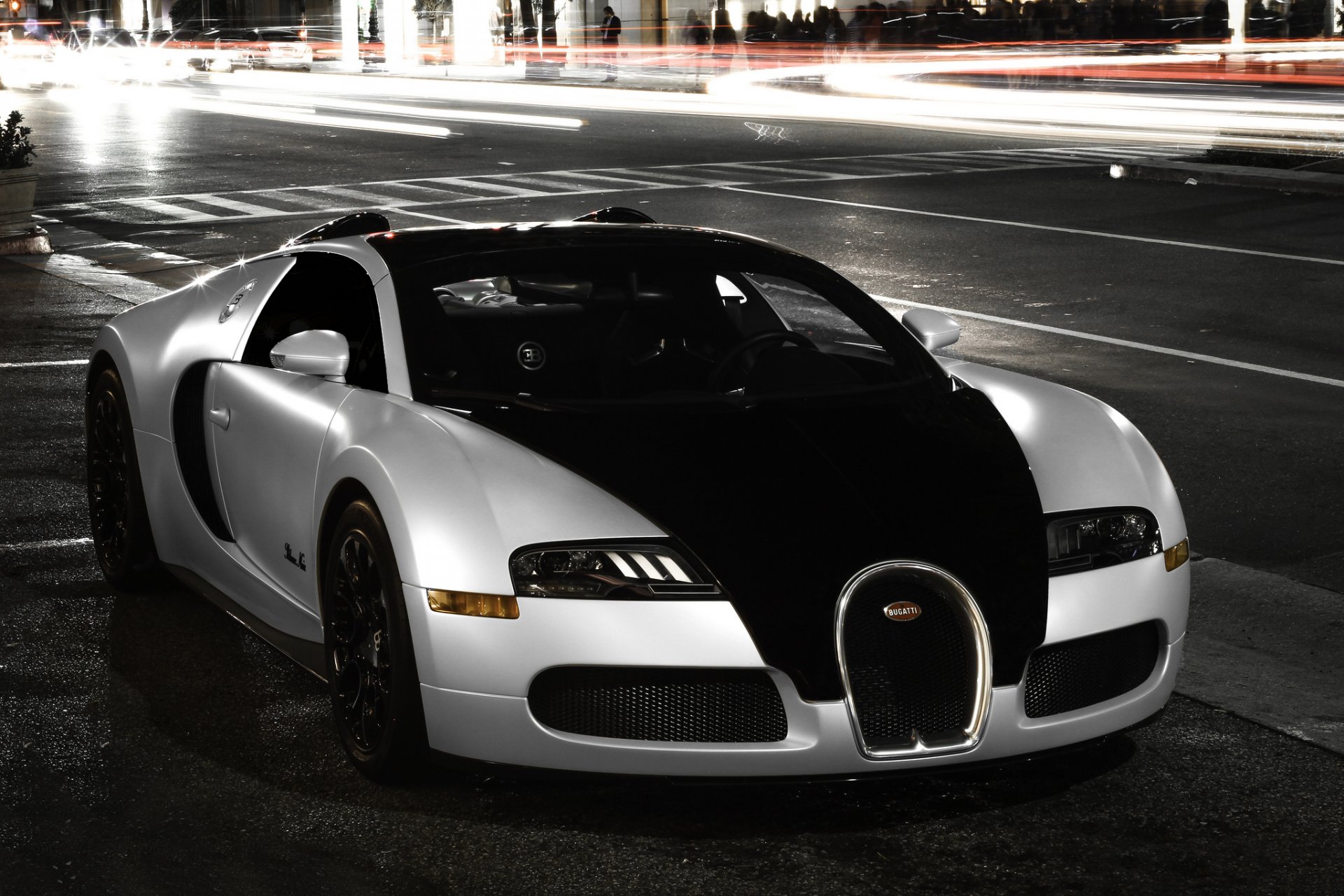 bugatti veyron superdeportivo blanco negro ciudad noche luz