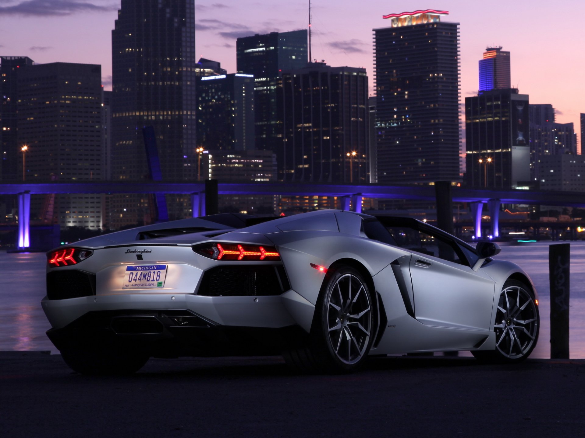 lamborghini aventador lp700-4 roadster vehicles back of sky lights light town bridge