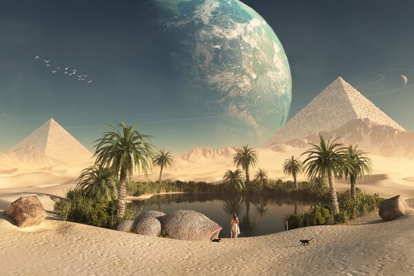 El planeta tierra en el cielo sobre las pirámides y oasis