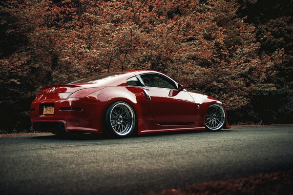 Red nissan on the road