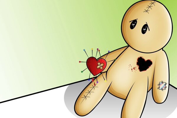 A voodoo doll with a heart with needles in her hands