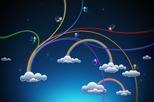 Elfi tra le nuvole seduti su un arcobaleno