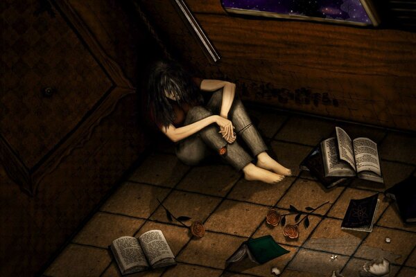 Chica triste en la habitación con libros dispersos