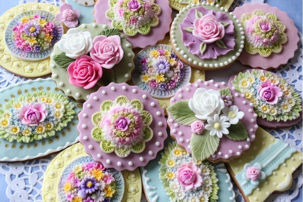 Sweet cookies in icing with flowers and beads