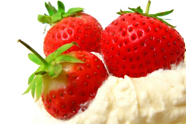 Trois fraises sur une crème blanche