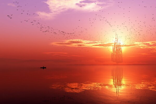 Воздушный замок над морем с закатом