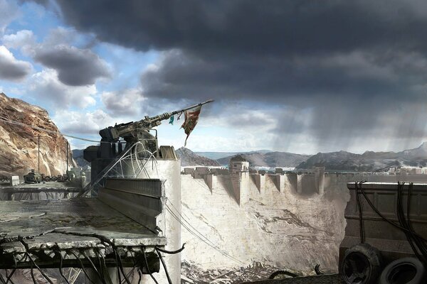 Упавшая башня на фоне разрушенной дамбы и бурлящей воды