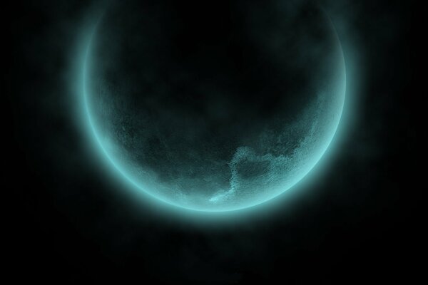 The dark planet is shrouded in turquoise glow