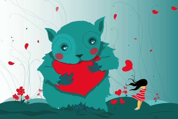 A girl and a blue monster with a red heart in its paws