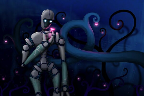 Romantic robot with a heart in his hand on a midnight background