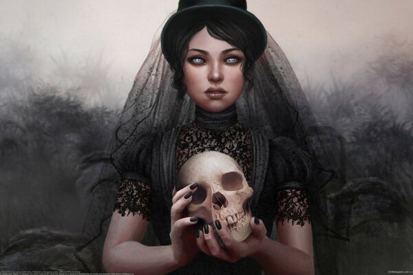 A gloomy girl in a black veil with a skull in her hands