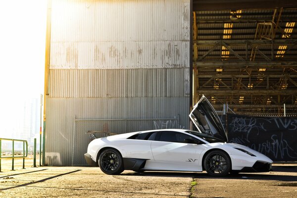Weißer kompakter Lamborghini murcielago unter strahlender Sonne