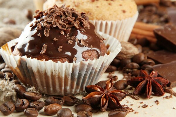 Cupcake al cioccolato appetitoso e chicchi di caffè