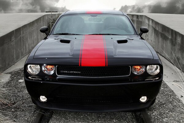 Black challenger with a red stripe photo on the front