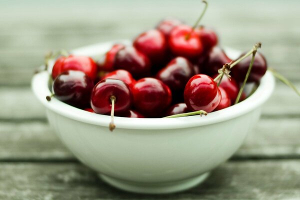 A bowl of cherries on a wooden table