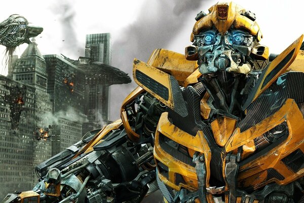 Transformers 3, Bumblebee against the backdrop of a ruined city