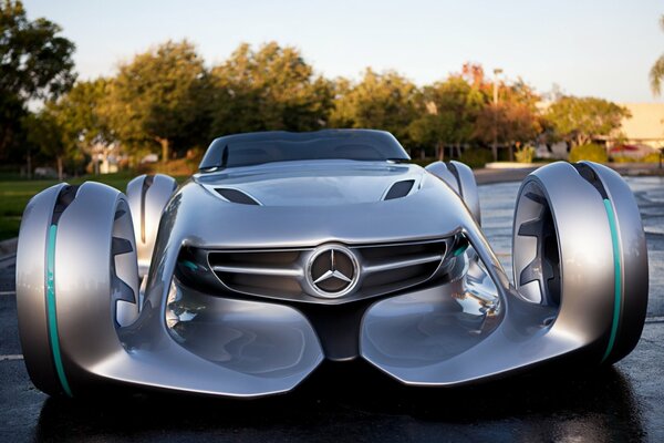 Auto Mercedes argentata su uno sfondo di alberi