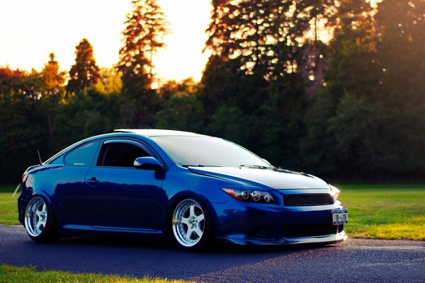 Scion bleu tc sur la route sur fond de forêt