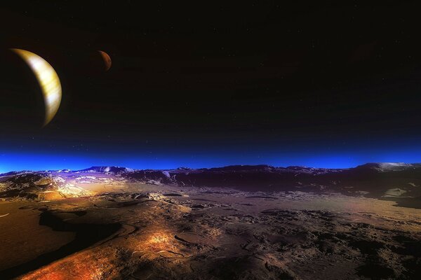 Enormi pianeti sopra il deserto nel cielo notturno