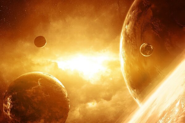 Planètes et satellites sur fond de lumière du soleil