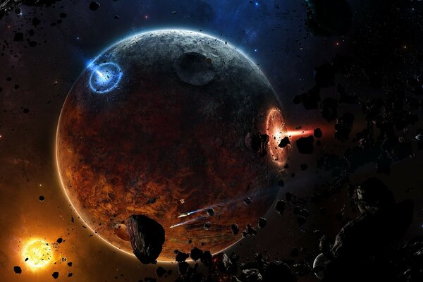 Ein Planet mit Raumschiffen und Meteoriten