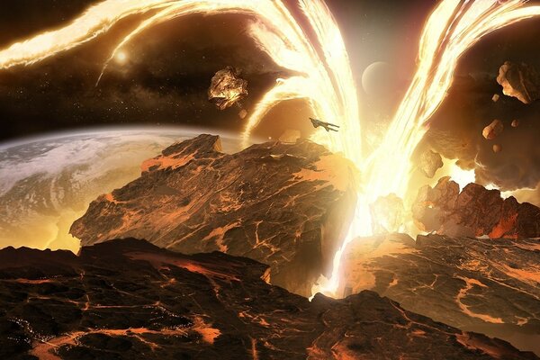 Explosion d une planète dans l espace sur fond de terre