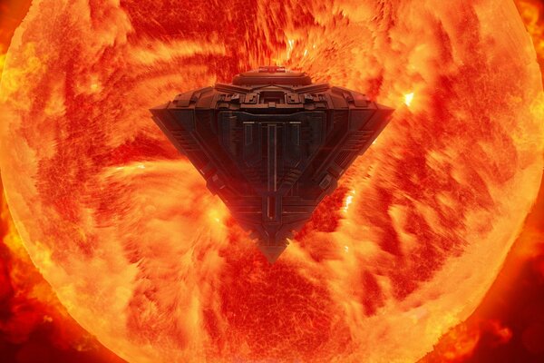 A spaceship near the fiery sun