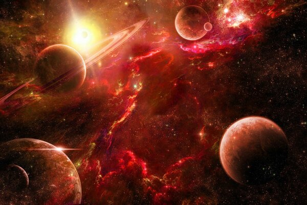 Beautiful 3D art of the cosmos on the background of a red nebula. Desktop picture