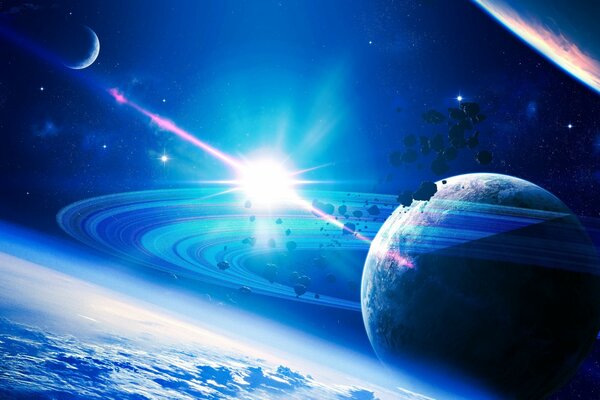 Ein Planet in blauem Licht aus dem Weltraum über dem Himmel
