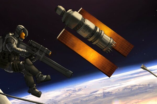 Kunstobjekt eines Astronauten mit einer Waffe im Weltraum