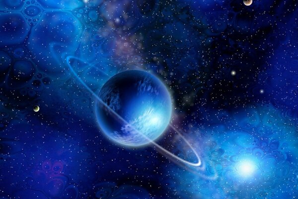 Wasserplanet mit Ring auf dem Hintergrund eines schönen blauen Glühen im Weltraum auf dem Desktop