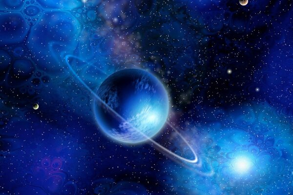 A water planet with a ring on the background of a beautiful blue glow in space on the desktop