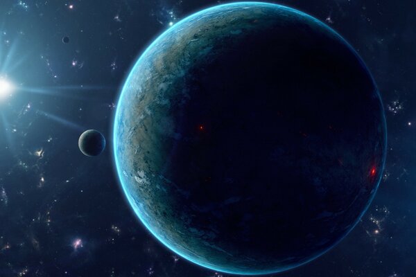 Фантастическая фотография вид планеты из космоса с солнцем