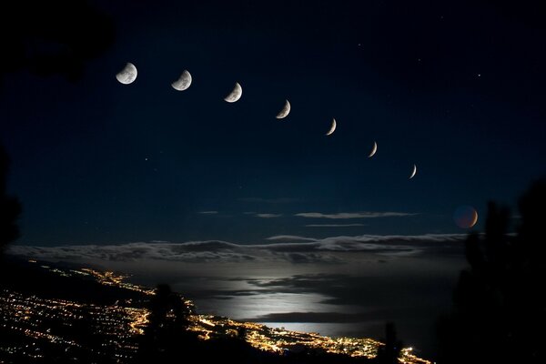 Phases of a lunar eclipse over the city