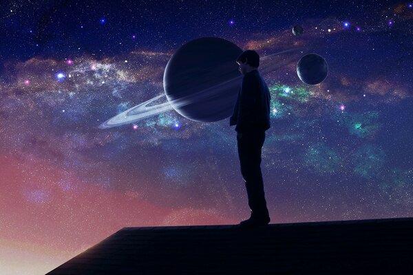 Człowiek stoi na tle planety w kosmosie