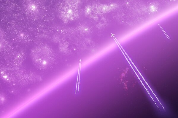 A fantasy image of the sky in lilac tones with stars and airplanes