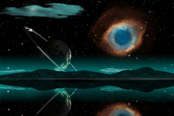 Immagine fantasy del cosmo e del pianeta Saturno