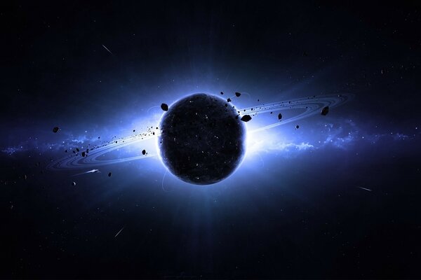 Ein Planet im Weltraum unter Asteroiden und ein blaues Leuchten