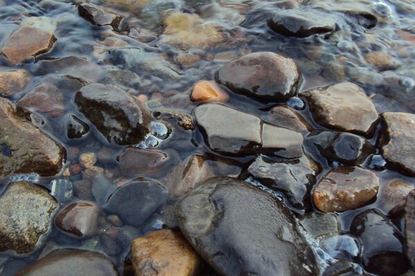 The shore of a rocky beach in the water