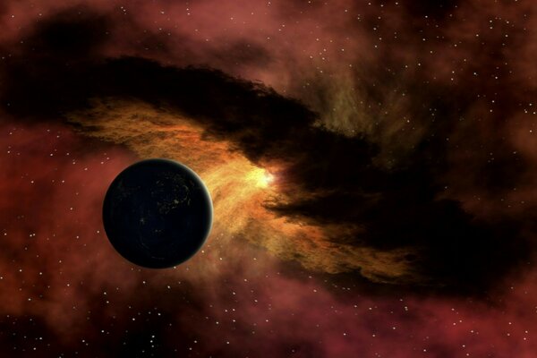 Der schwarze Planet im Weltraum und das einfallende Licht